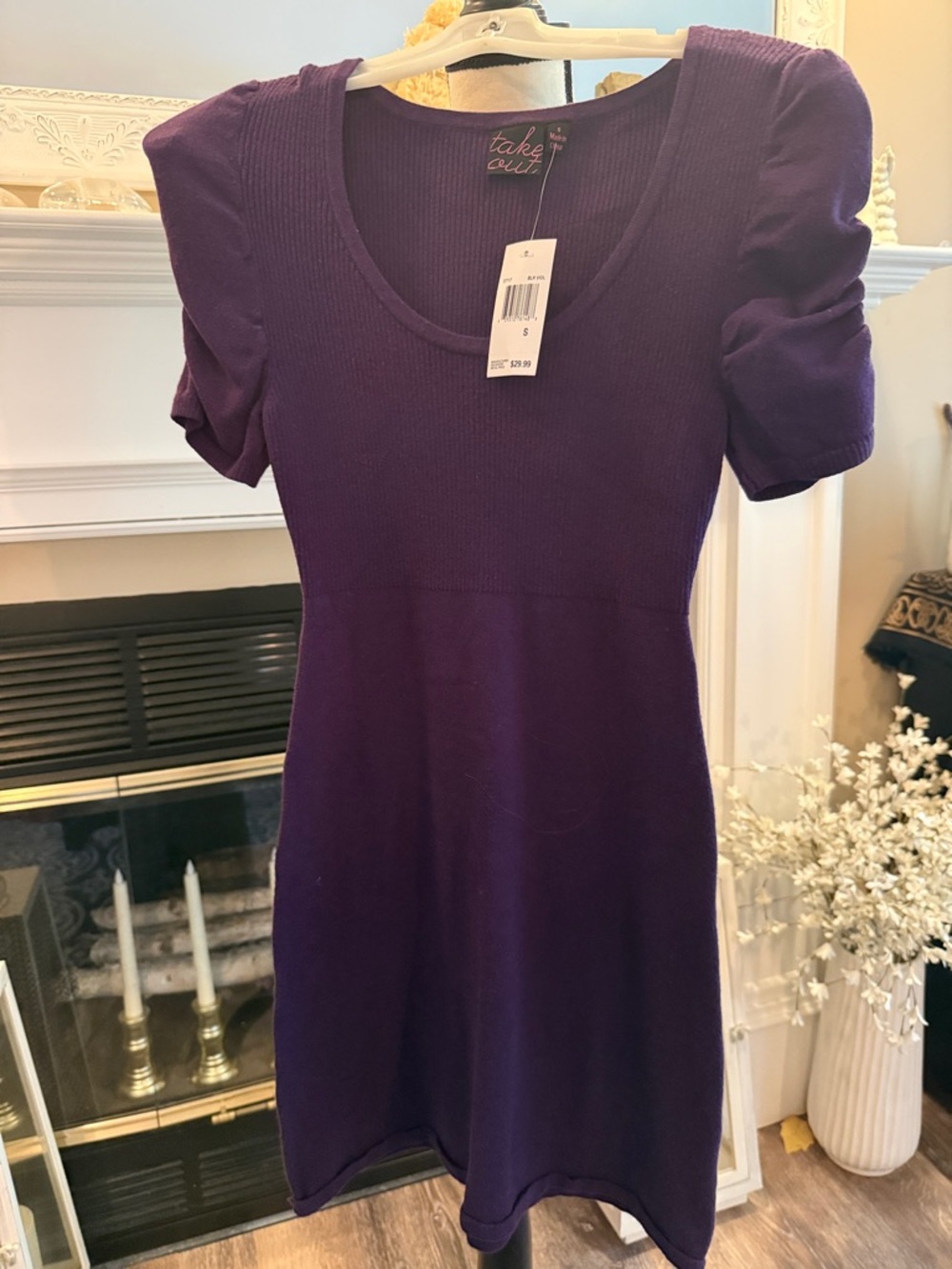 take out Purple Scoop Neck Ribbed Mini Dress with Puff Sleeves